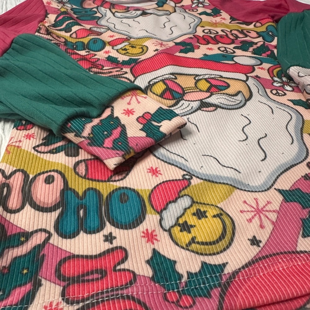 Handmade Groovy Santa Long Sleeved Top Ribbed Pink Green Girls 6/7 - Picture 2 of 8